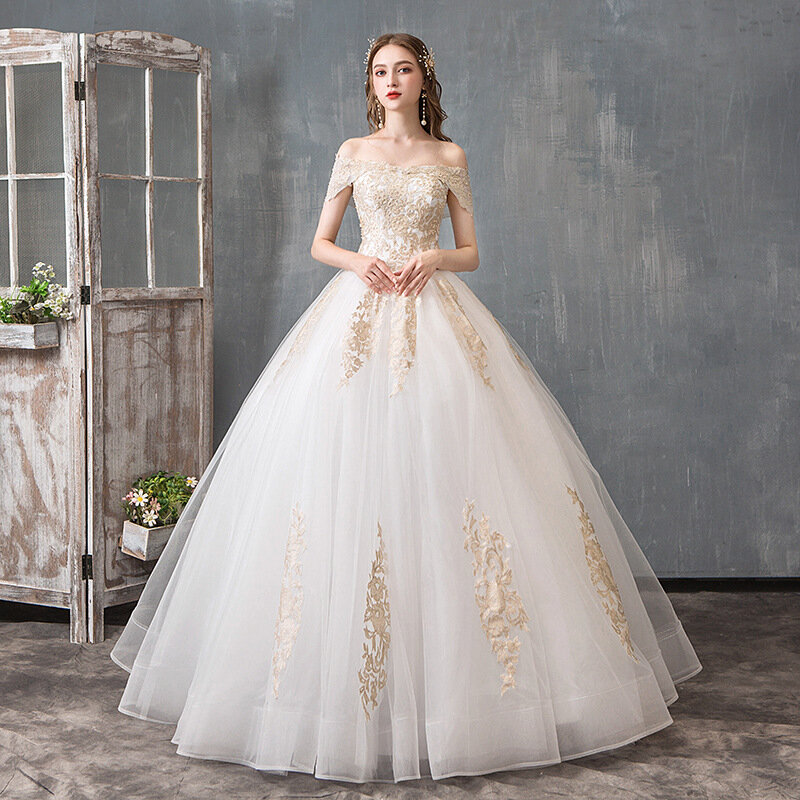MK1495-One gaun pernikahan, ringan, bahu, mewah, sederhana