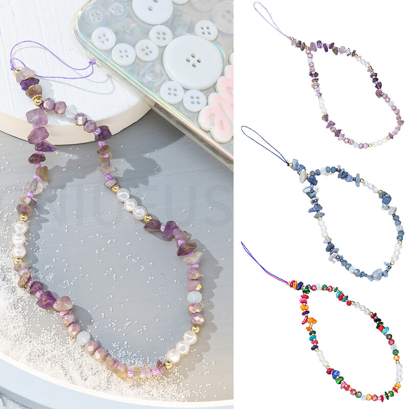 Cadena de teléfono móvil con cuentas de perlas de piedra a la moda para mujeres y niñas, Correa antipérdida, cordón colgante, joyería