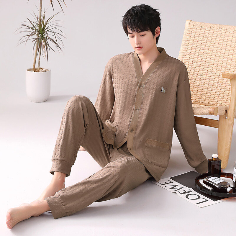 Men's pajamas long sleeve cotton spring autumn cardigan jacquard weave pajama men big yards v-neck household suit for young male