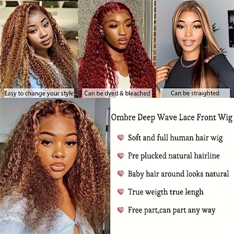 Perruque Brésilienne Naturelle Cheveux Bouclés à Reflets, Blond Miel, 13x4 HD, Deep Wave, Densité 180%, pour Femme Africaine