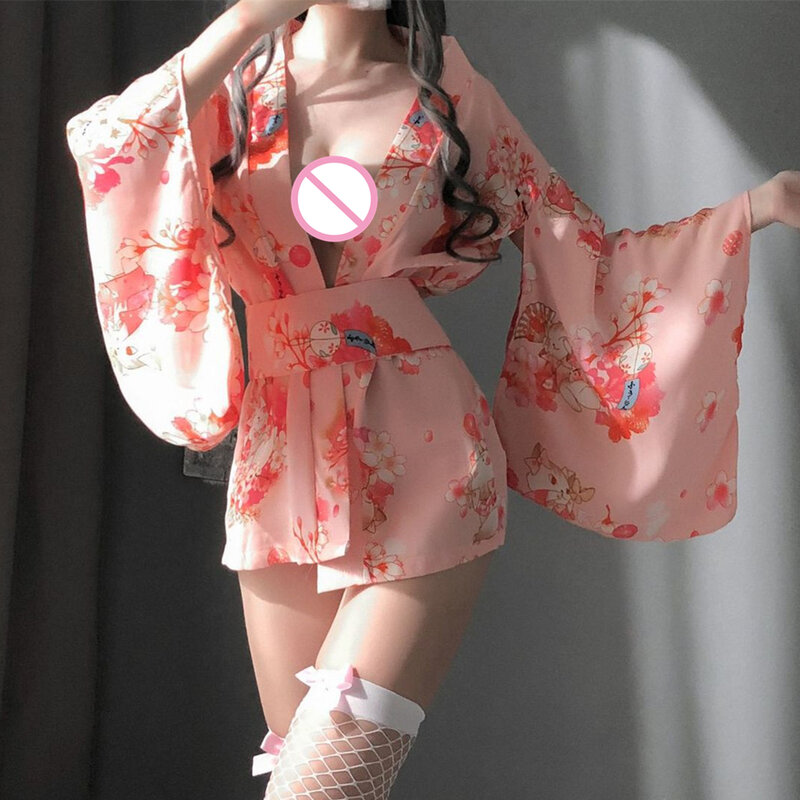 Jubah panjang seksi wanita gaun motif bunga Kimono gadis Jepang piyama permainan seks model Jepang pakaian tidur jubah ikat pinggang kostum Cosplay