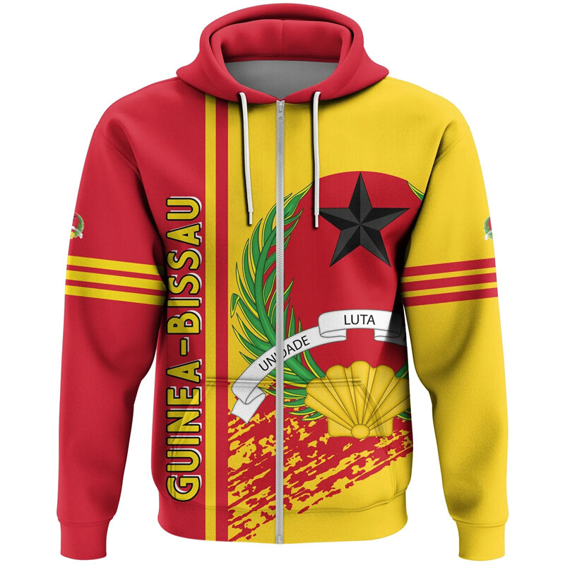 Africa Guinea-Bissau Map Flag 3D Print Zip Up Hoodie For Men Patriotic Tracksuit National Emblem Graphic Sweatshirts Male Tops