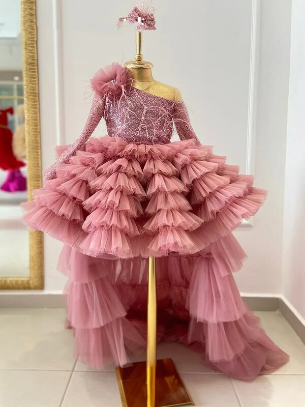 Różowy kwiat sukienki dla dziewczynek na przyjęcie weselne urodziny księżniczka pióro tiul sukienka na konkurs piękności formalne suknie balowe z długim pociągiem