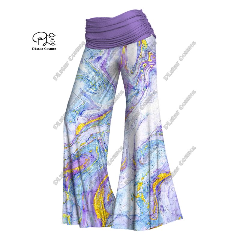 Celana gambar 3D Wanita pemandangan pasir hisap warna-warni celana kaki lebar pinggang elastis lipat J-2 seri gradien kasual