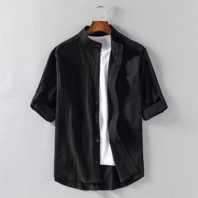 Spring and Summer Stand Collar Five-point Mid-sleeve Fashionable Men's Short-sleeved Shirt Seven-point Sleeve Large Size Men's