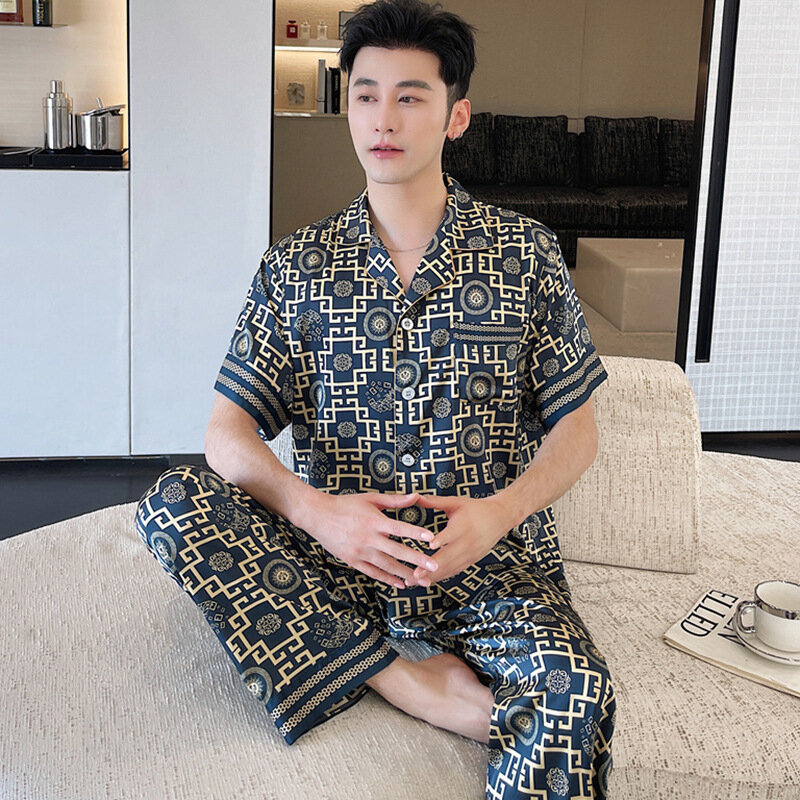 2024 Summer New Arrival Pajamas Men's Thin Ice Silk Short-Sleeved Trousers Simple Suit Plus Size Casual Home Clothes