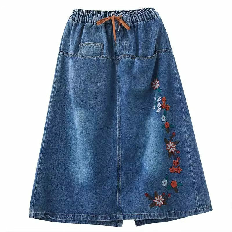 Bluza jeansowa Midi damska spódnica 2024 lato nowe, dżinsowe haft średniej długości wszechstronna sznurowana elastyczna talia Saias K1410