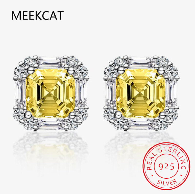 Sparkling 925 Sterling Silver Princess Cut Simulated Moissanite Citrine Square Stud Earring for Women Wedding Gift Drop Shipping