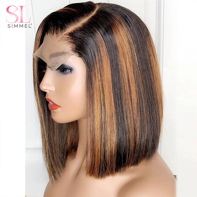 SIMMEL Ombre 4x4 koronkowa peruka wyróżnij kolorowe peruki z ludzkich włosów wyróżnij brązowe peruki Bob proste włosy typu Remy 180 gęstość