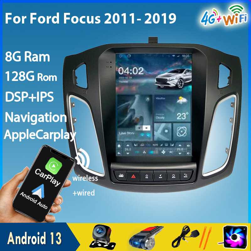 Leitor de vídeo multimídia para Ford Focus MK3, rádio Android do carro, tela Tesla, navegação GPS, 4G WiFi, Mk 3 Salon, 2012-2018