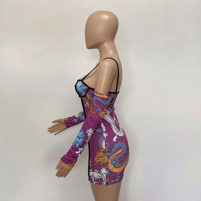 Vestito natica stampato discoteca personalizzato moda manica lunga bretella Sexy da donna
