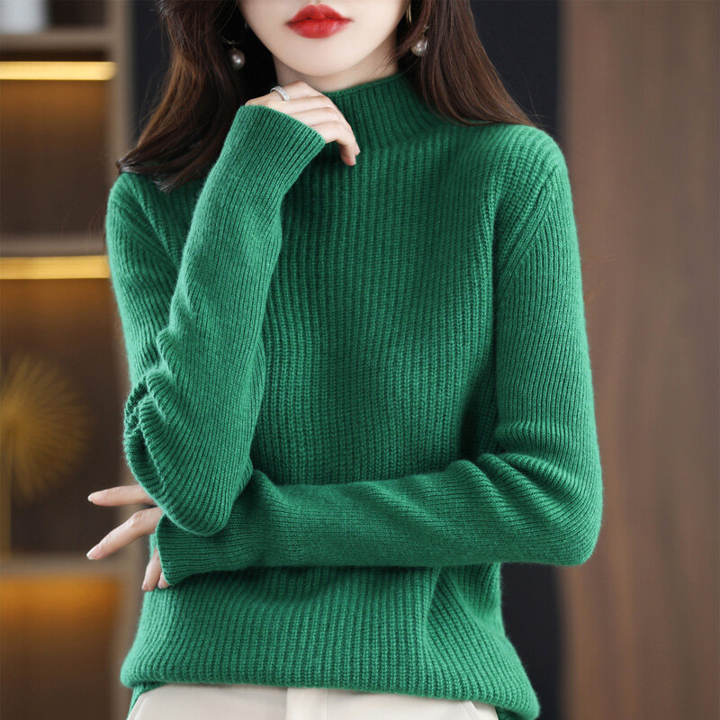 Sweater Wanita Musim Gugur Musim Dingin Wol Murni Menebal Pullover Setengah Turtleneck 2022 Baru Longgar Gaya Malas Rajutan Bottoming Kemeja Atas