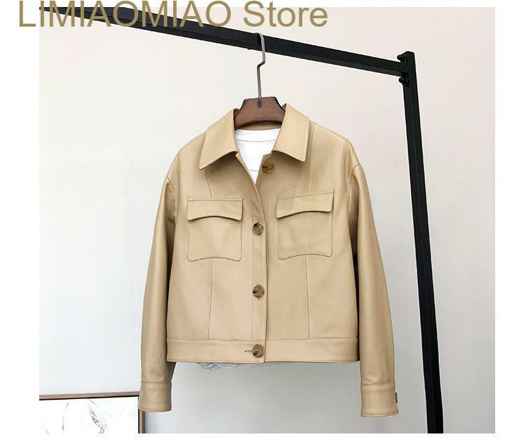 New Fall Winter Short Light White Real Lambskin Leather Jacket For Turn Down Collar Long Sleeve Casual Single Breasted Coat
