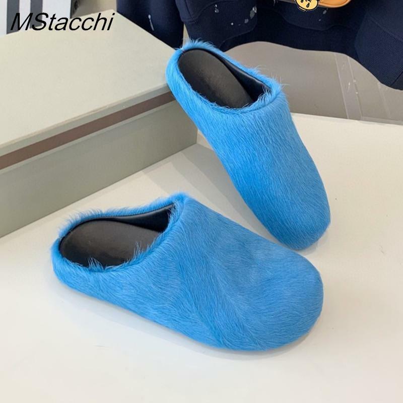 Women Horsehair Slippers Luxury Designer Flat Fur Slides Round Toe Furry Mules Shoes Woman Shoes Leisure Unisex Half Slippers