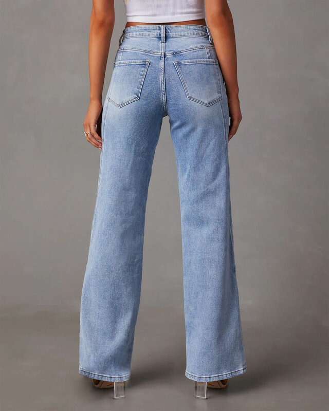 Calça retrô lavada de perna larga feminina, retalho de verão, cintura alta, emagrecedora, casual, jeans solto