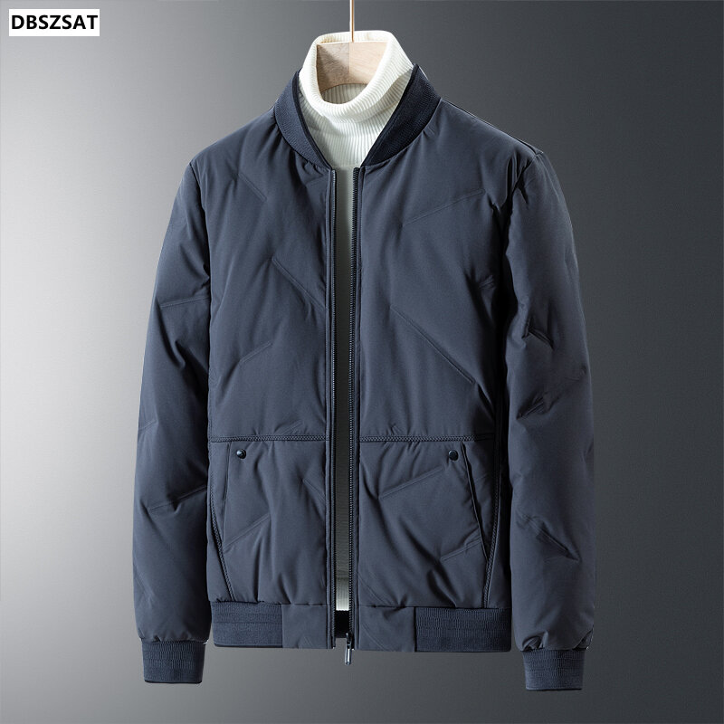 M-4xl jaket bulu angsa pria, mantel abu-abu musim dingin kerah berdiri gaya pendek warna polos, pakaian luar bisbol Hy205