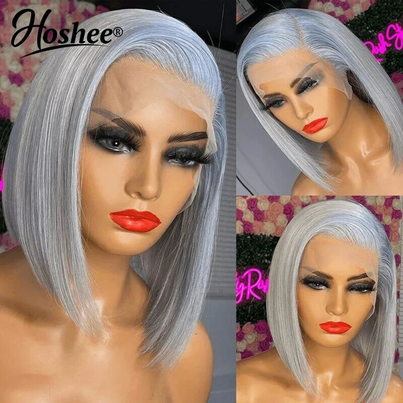 Silver Grey Straight Short Bob Pixie Cut 13X4 HD Transparent Frontal Wigs T Part Lace Human Hair Wig for Women Pre Plucked