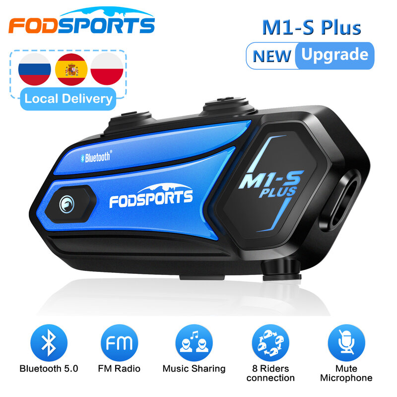Fodsports M1-S Plus Motorcycle Intercom Bluetooth Helmet Headset 8 Riders Pairing Music Share Intercomunicador Moto Earphone