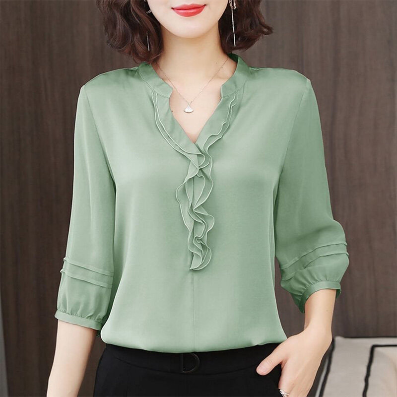 Fashion Women Blouse 2022 Spring Summer New Simple Office Lady V-Neck Ruffles Patchwork Half Sleeve Solid Loose Top Oversize 5XL