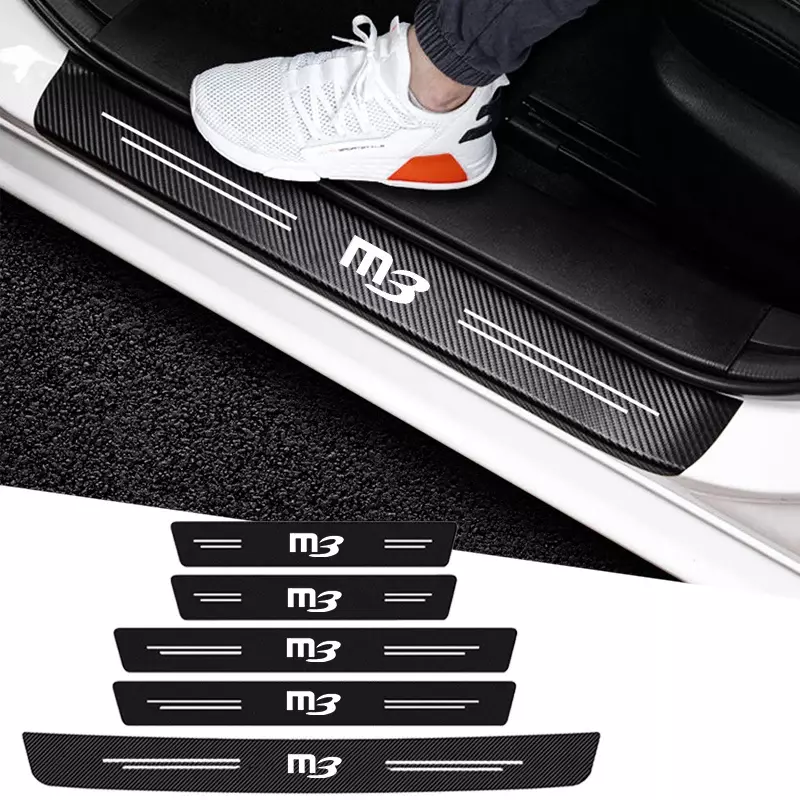 Stiker pelindung alas pijakan pintu mobil, serat karbon kulit Strip ambang untuk Mazda M3 Logo bagasi Bumper stiker pelindung gores