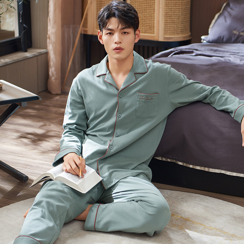 Estilo simples roupas masculinas homem pijamas conjunto de algodão puro completo manga comprida pijamas turn colar cardigan masculino carta homewear