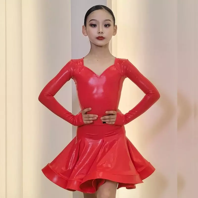 밝은 가죽 라틴 댄스 전문 드레스, 소녀 무도회 댄스 대회 의상, 무대 공연 착용, 6 가지 색상
