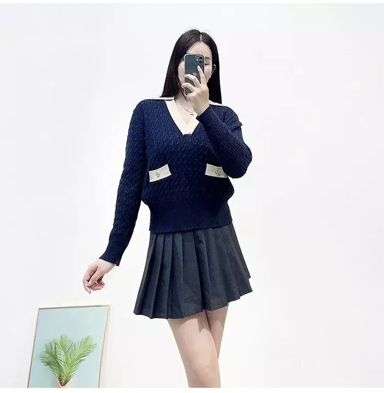 Women Sweater Contrast Color V-neck Long Sleeve Casual Knitted Pullover