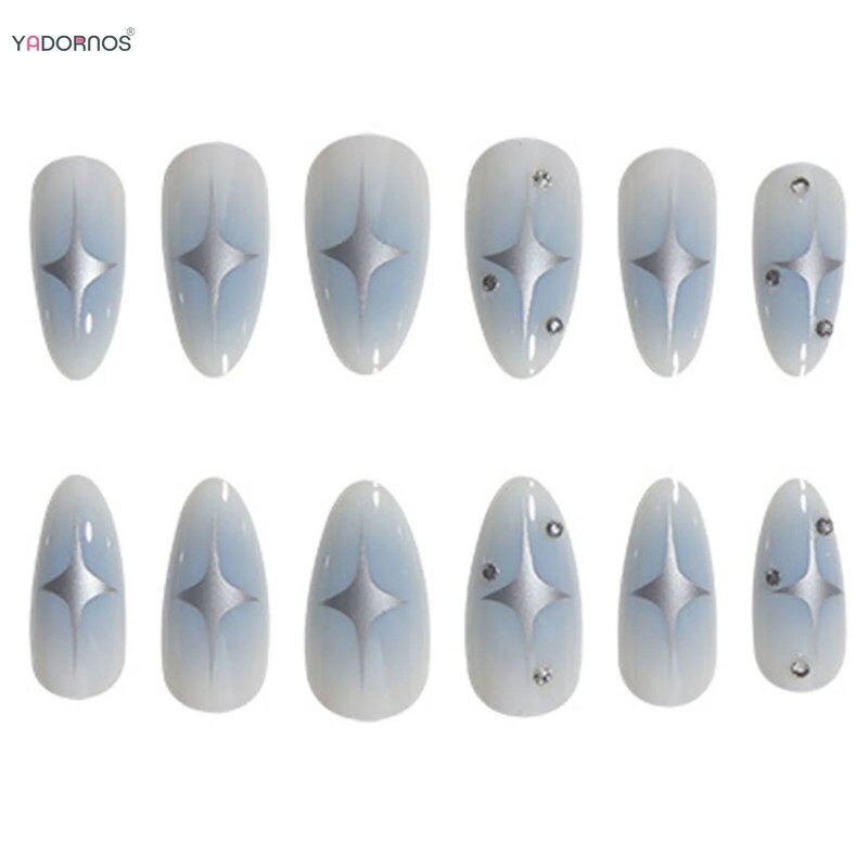 Y2k Mädchen Mandel gefälschte Nägel Farbverlauf blau drücken auf Nagels tern gedruckt volle Abdeckung tragbare falsche Nägel Tipps für Frauen DIY Maniküre