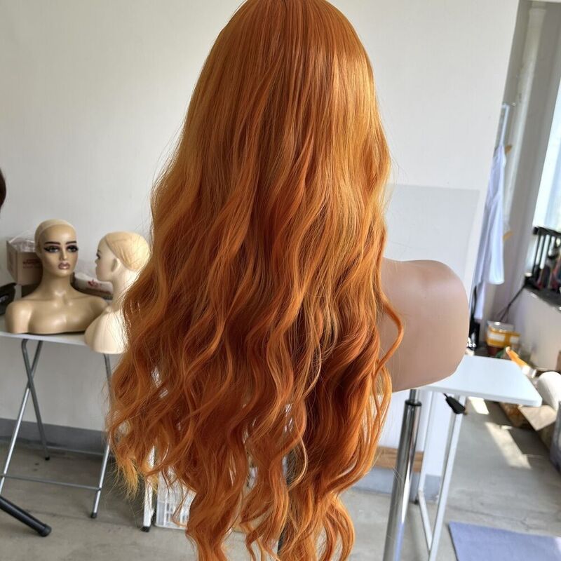 Heat Resistant Hair Women Costume Wig With Bangs Long Wavy Orange