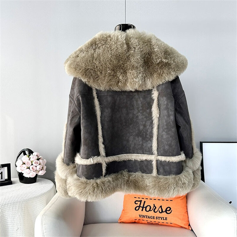 Casaco de pele de cordeiro para mulheres cabelo de coelho casaco quente colarinho de lã genuíno, curto, JT445, novo inverno, 2023