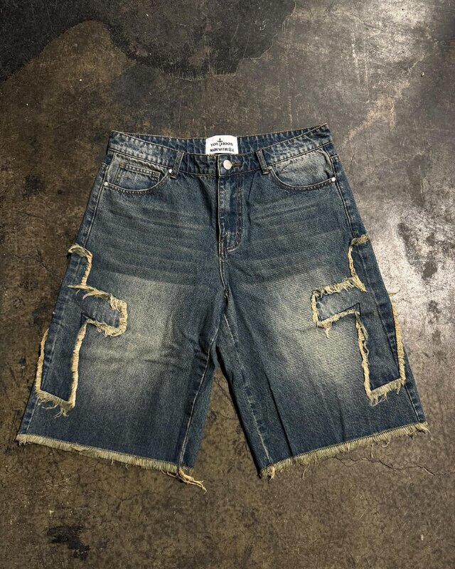 Gótico Rock Cross carta bordado padrão Jeans curto masculino, moda americana, Harajuku cintura alta, Hip Hop, rua, Y2K
