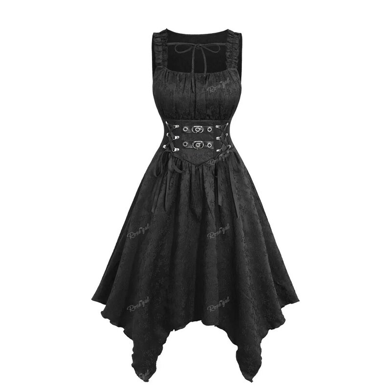 ROSEGAL gaun Gotik ukuran besar gaun sapu tangan hitam Jacquard bunga bordir tali PU Grommet gesper renda