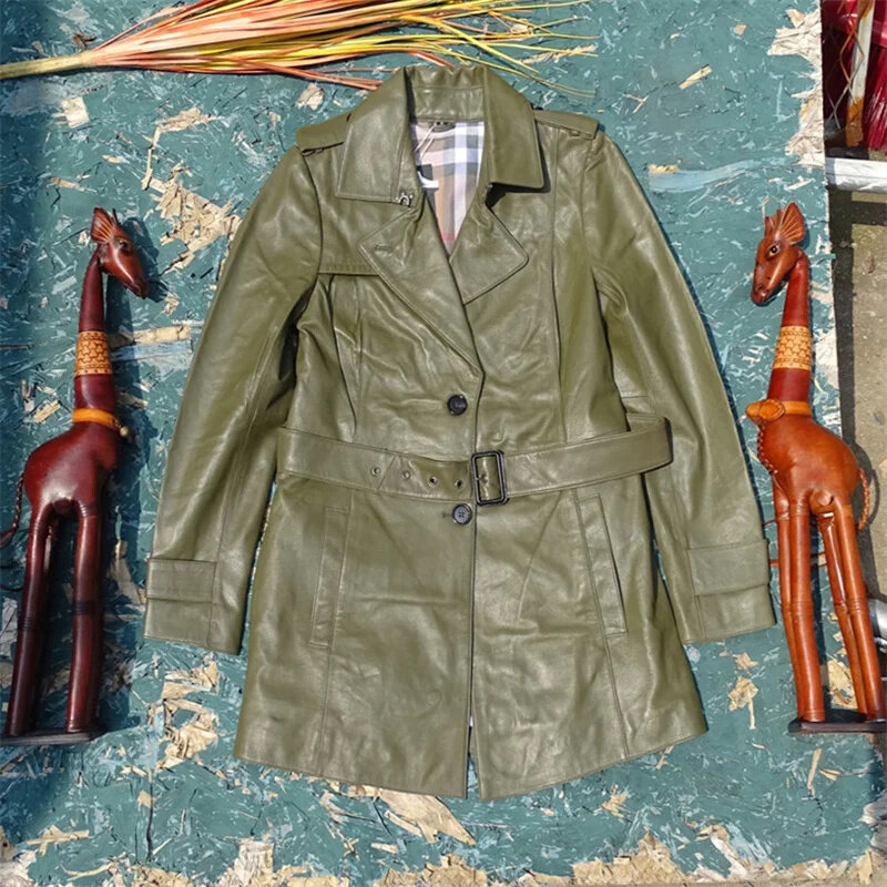 Jaqueta de couro genuíno feminina, casaco de pele de carneiro, cintura fashion, fina, elegante trincheira feminina, roupa natural, outono, nova