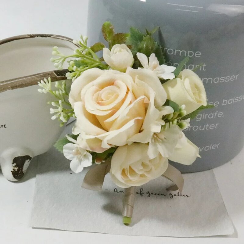 Elegant Silk Rose Boutonniere for Wedding Flowers Pins Groom Bridesmaid Corsage Wrist Accessories acessórios de casamento