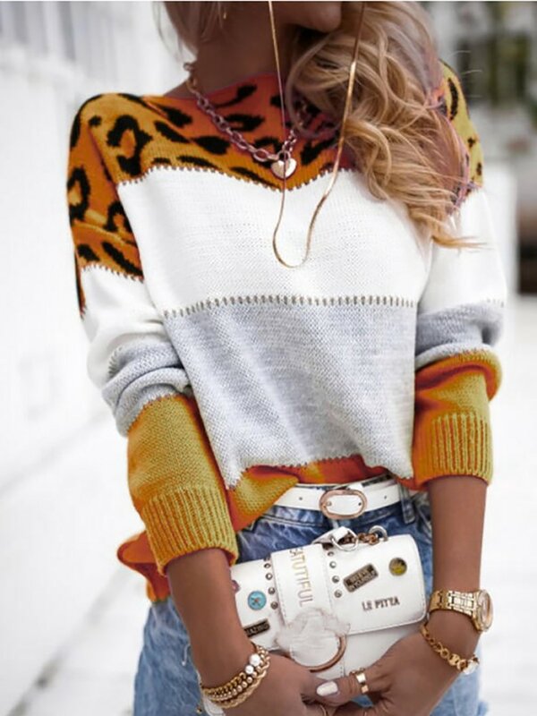 Sweater Leopard wanita, pakaian 2024 pullover rajut, Pink, musim gugur dan dingin untuk perempuan