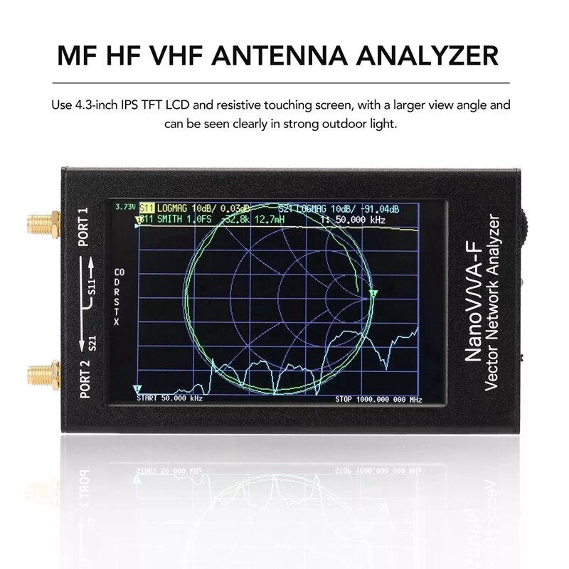 Analisador de rede vetorial portátil para Nanovna-F, Handheld, SWR Meter, 50Khz-1000Mhz, 4, 3 Polegada IPS, TFT, Display Digital, ondas curtas, MF, HF