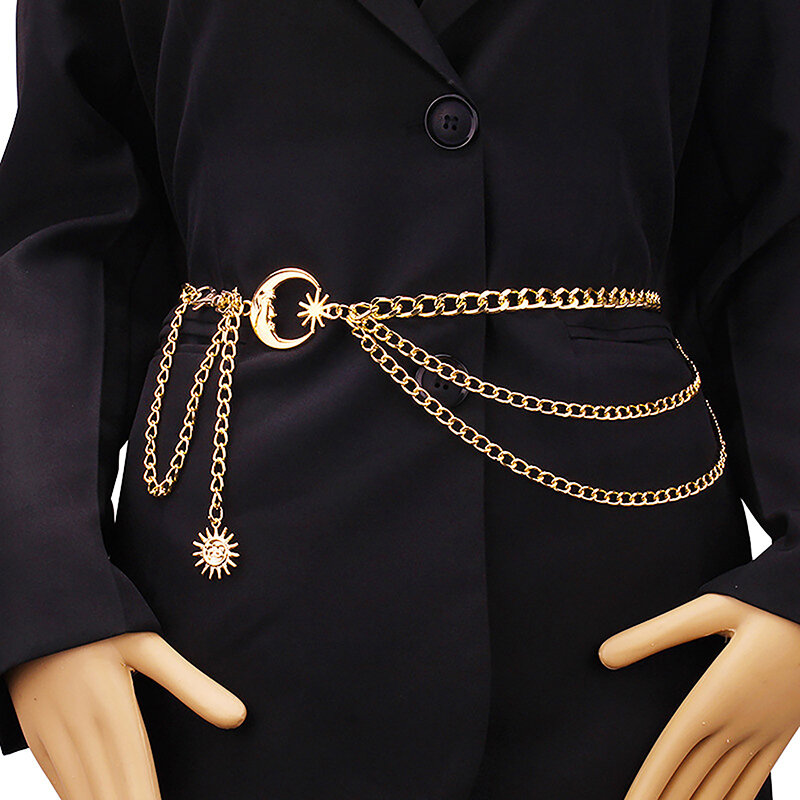 Cadena de Metal multicapa con forma de luna para mujer, cadena de cintura, cinturón para vestido, falda, cinturón con estrella de Luna, ropa dorada y plateada, 1 unidad