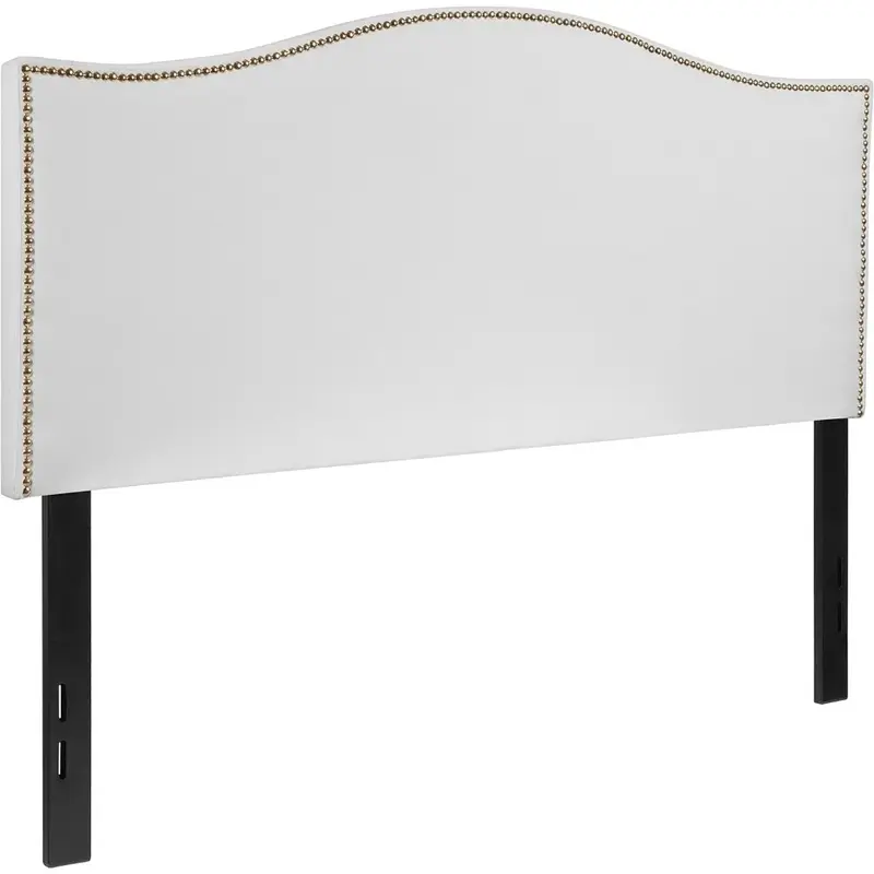 Fabric upholstered full-size headboard with white fabric accents and nail embellishments