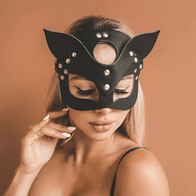 Женская привлекательная аниме маска из искусственной кожи для косплея лисы с заклепками и воротником в стиле панк для Хэллоуина