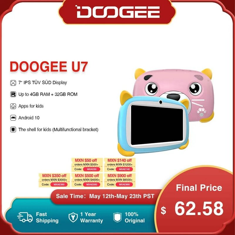 DOOGEE U7 Tablet 7" HD  IPS Display TÜV SÜD Certified  4GB(2+2) 32GB Quad-core 1.3GHz Android 10 3400mAh Battery Apps For Kids