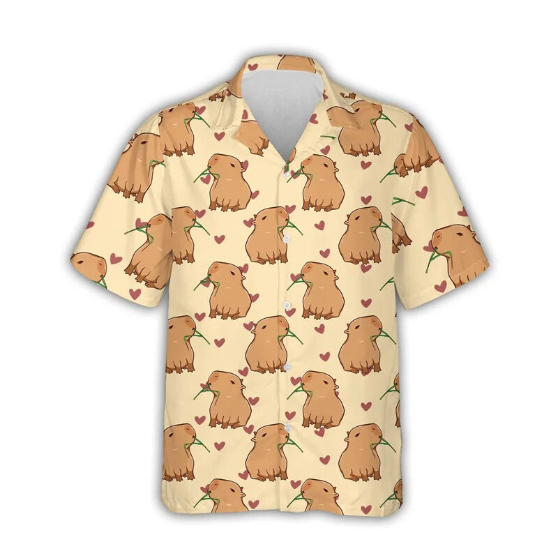 Мужская летняя рубашка с 3D-принтом капибара, свободные Гавайские рубашки с животными, летние топы, рубашка Aloha, Повседневная Уличная рубашка с отворотом и короткими рукавами