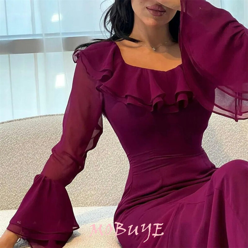 MOBUYE 2024 Popular Square Collar Prom Dress Ankle-Length With Long Sleeves Evening Fashion Elegant Party Dress For Women