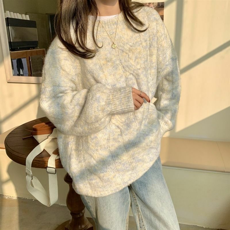 Koreanischer Stil solide beige Strick pullover Frauen Rundhals ausschnitt übergroße Langarm dicke Pullover Pullover Winter 2021 Tops