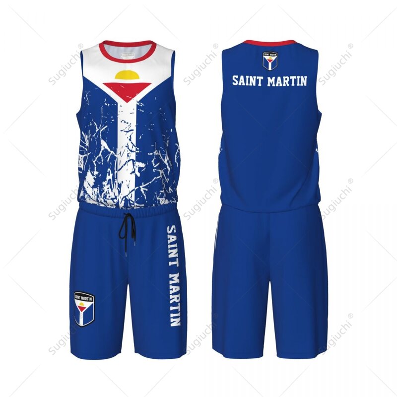 Sem mangas Basketball Jersey Set para homens, camisa e calças com nome personalizado, Saint Martin Flag Grain, Nunber Exclusivo