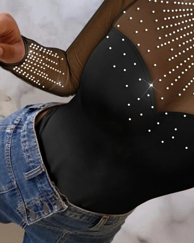 Pakaian Jumpsuit wanita leher bulat, baru 2023 mode lengan panjang berlian imitasi dekoratif Tulle Mesh tambal sulam