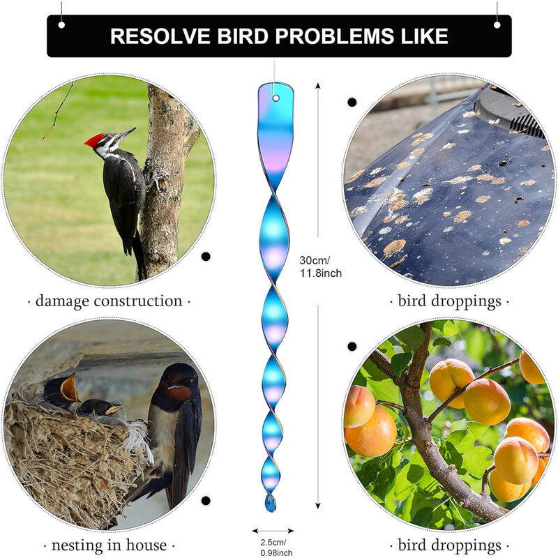 Aste riflettenti repellenti per uccelli da 30cm, dispositivo di controllo deterrente a spirale ornamentale, dispositivi repellenti per uccelli appesi efficaci