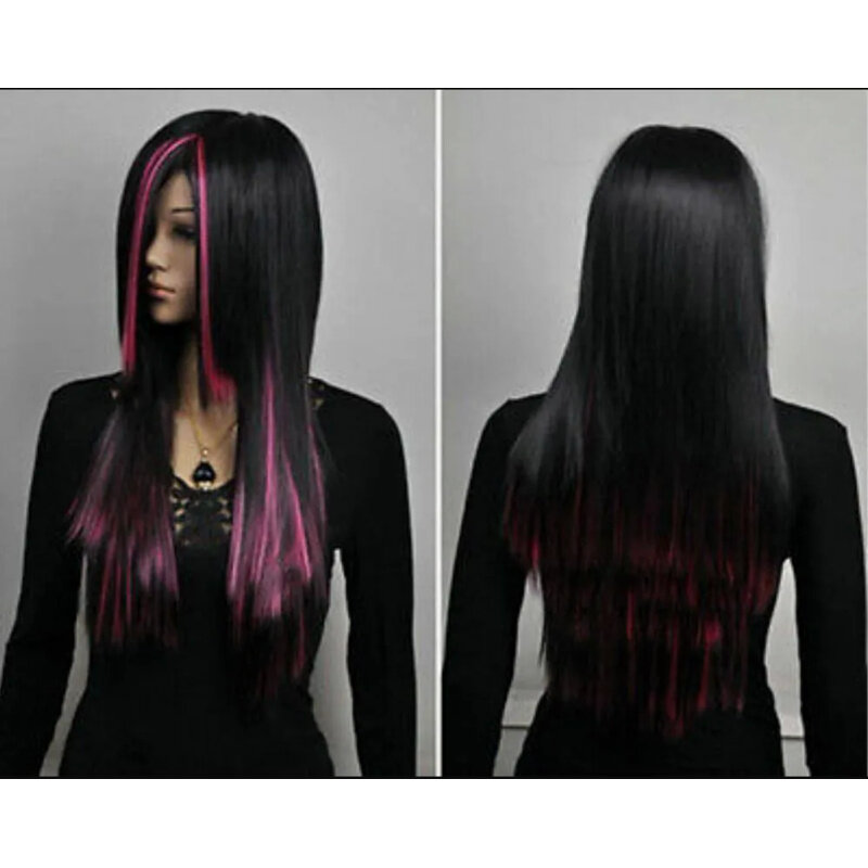 Wig women long straight hair bla pink mixed Lolita heat resistant cosplay full wig 84