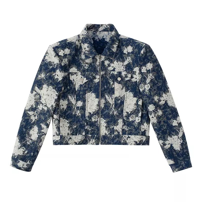 Snowflake Denim Padded Shoulder Zip Jacket Coat Autumn Loose Top