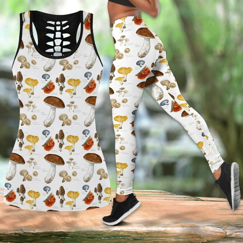 Cogumelo bonito 3d impresso oco tanque superior & leggings conjunto de fitness feminino leggings de comprimento total yoga correndo calças ddk105