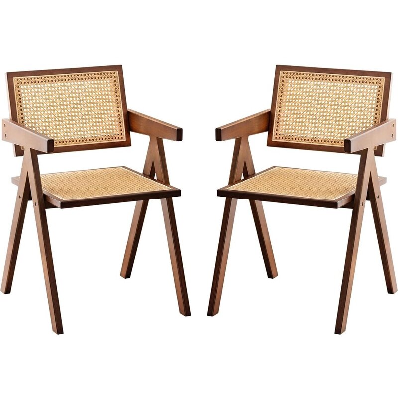 Rattan Accent Chairs,Modern Mid Century Dining Chairs Set of 2,Comfy Armchairs,Outdoor Rattan Chairs with Armrest